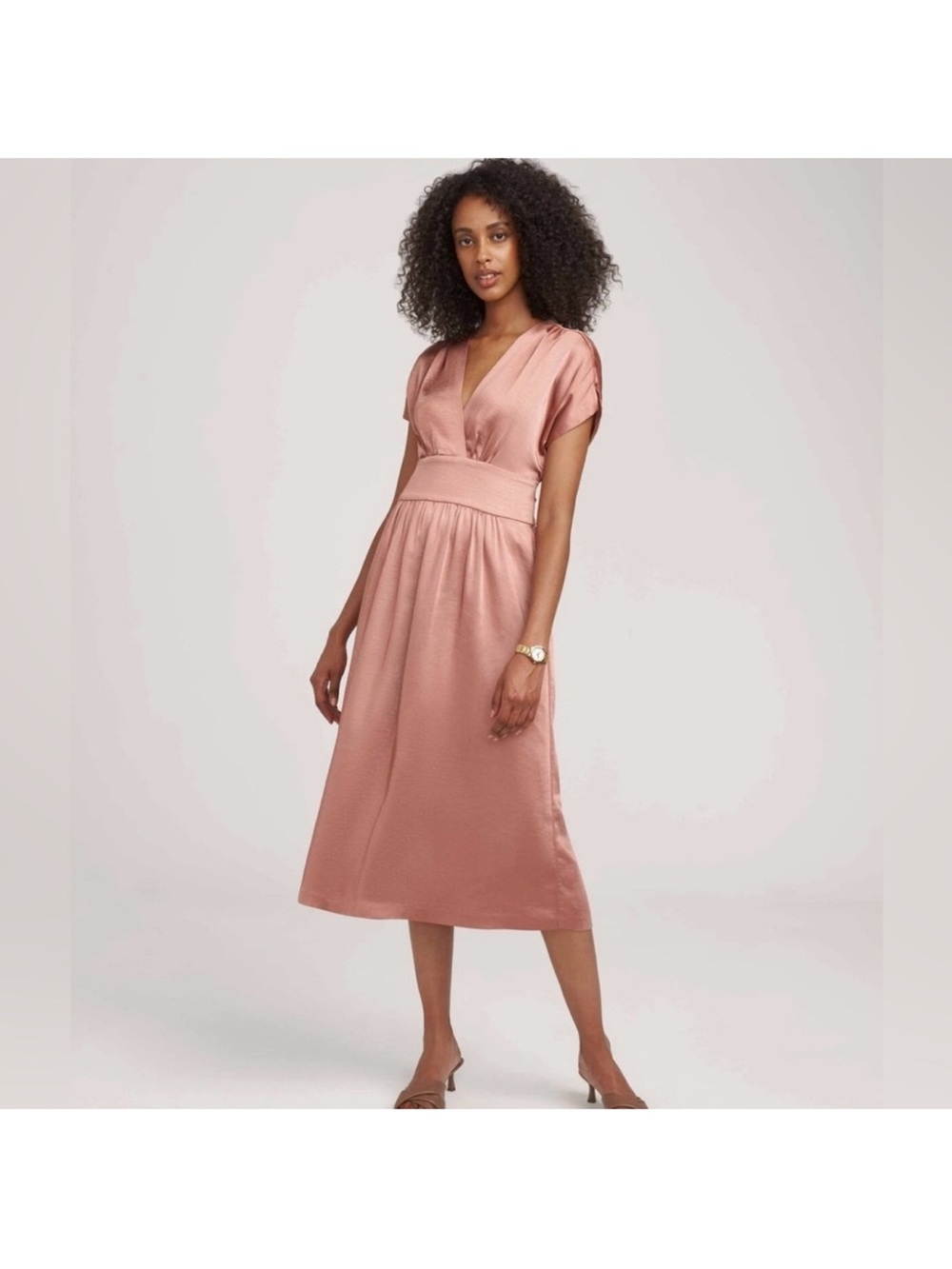 Anne Klein Rose Satin V-Neck Midi Dress- NWOT